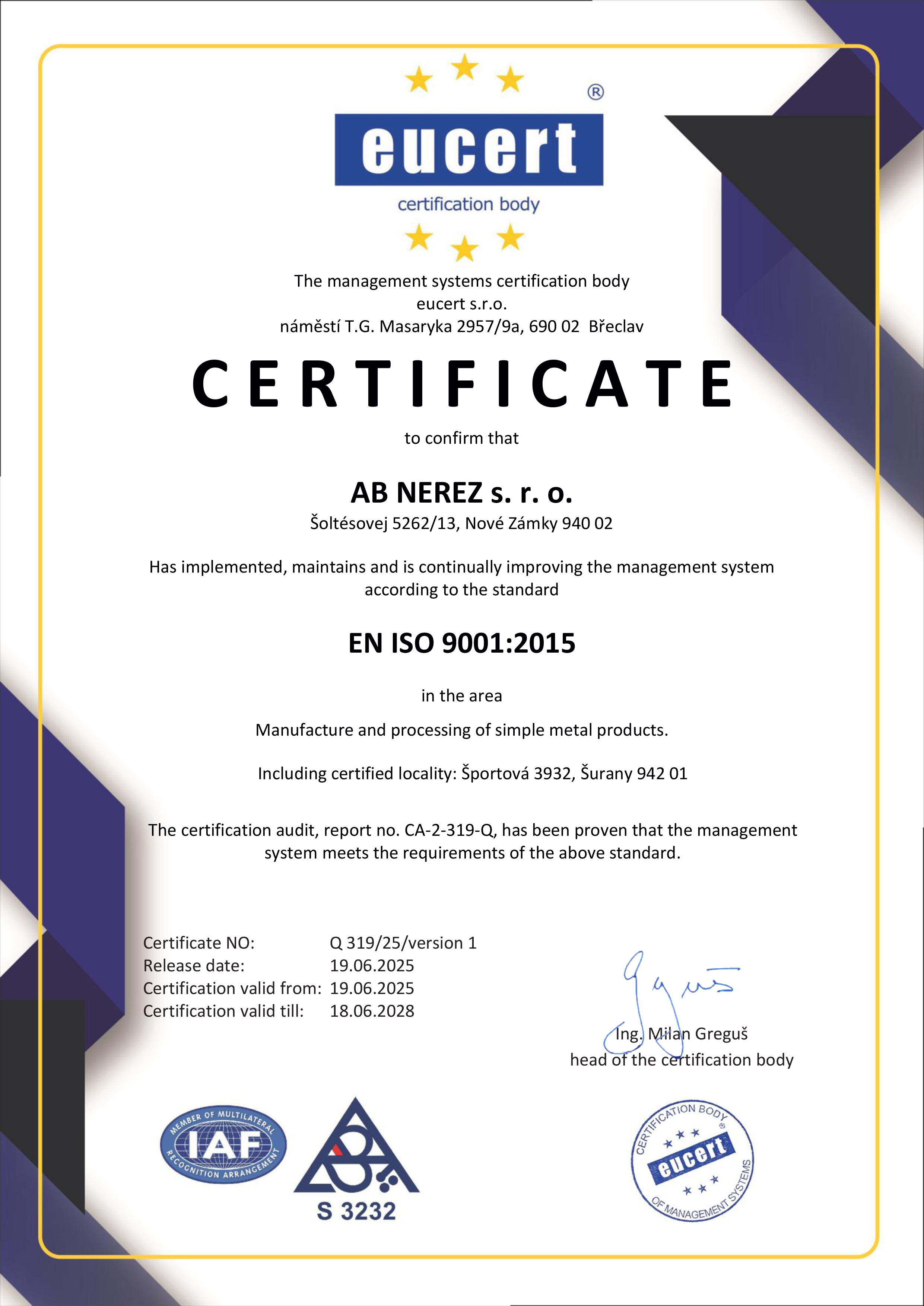 Certificate EN ISO 9001:2015